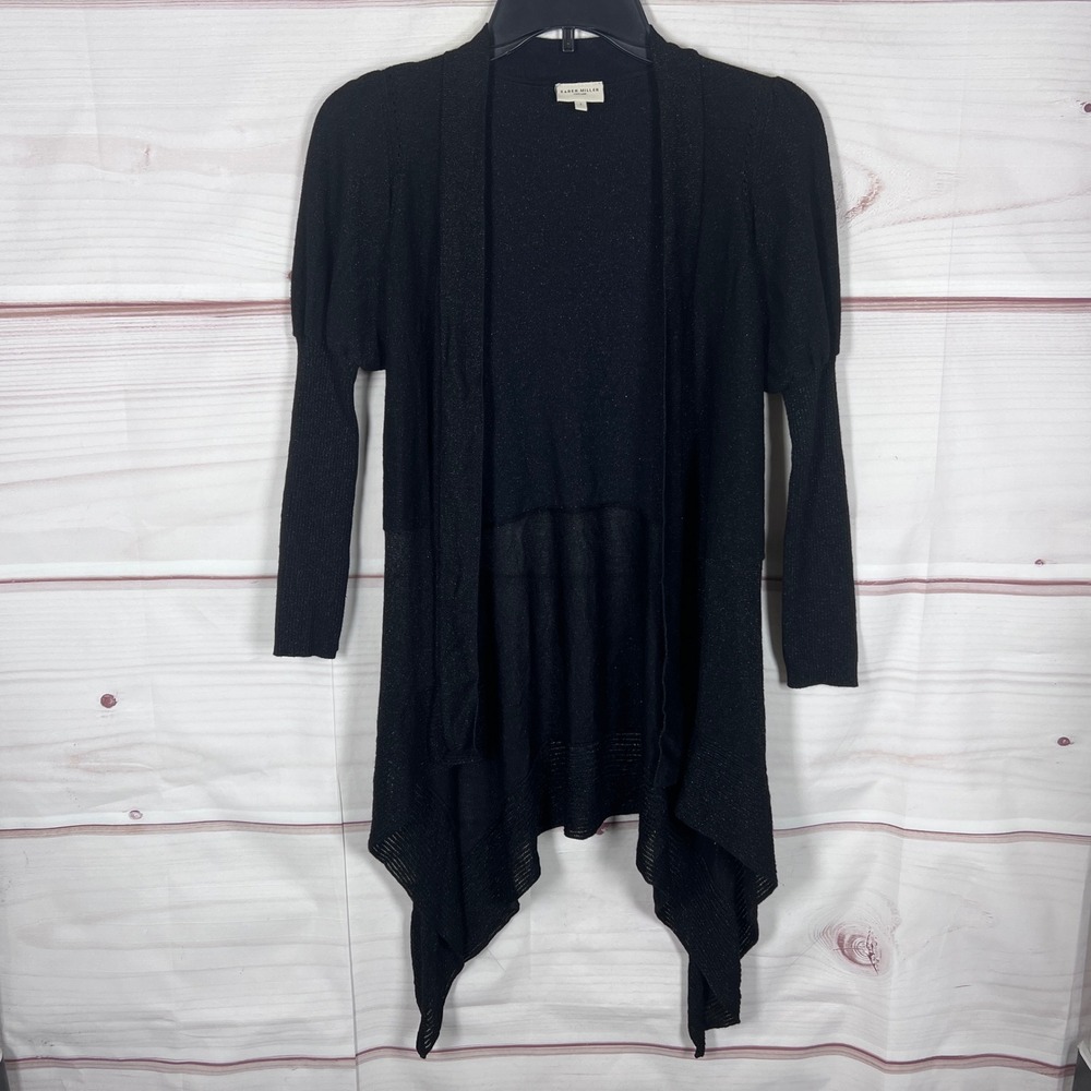 Karen Millen Cardigan Womens US 8 Black Open Front High Low Shimmer Knit Sweater